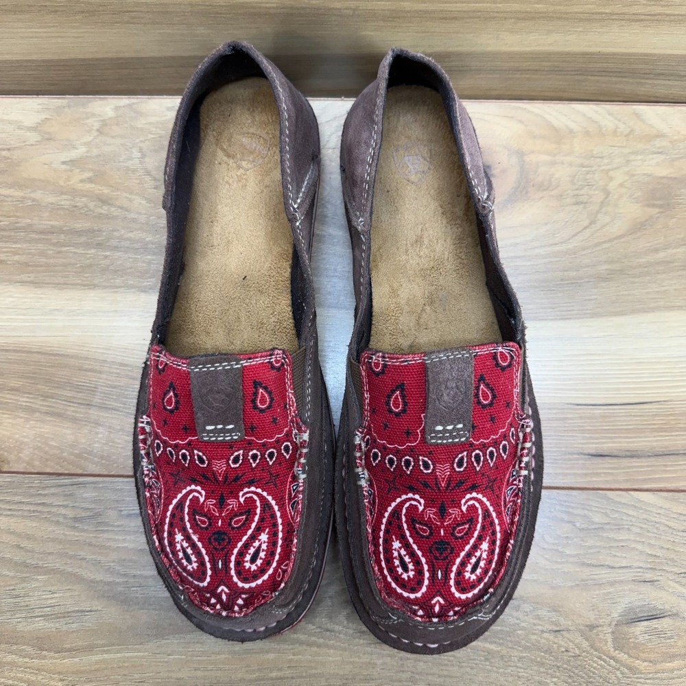 Ariat Cruiser Red Bandana Paisley Flats Womens 9 B Brown Suede Moc Toe Boho - Picture 4 of 11